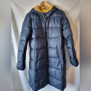 Long Navy Puffer Coat with Contrasting Yellow Hood Lining